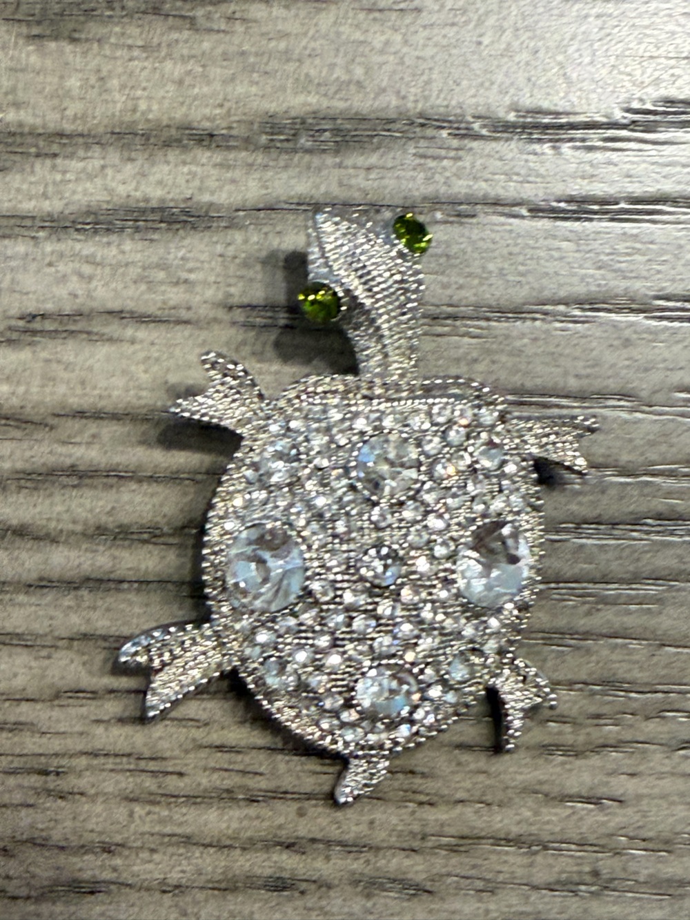 Silver Crystal Turtle  brooch- Silver with Green Accents